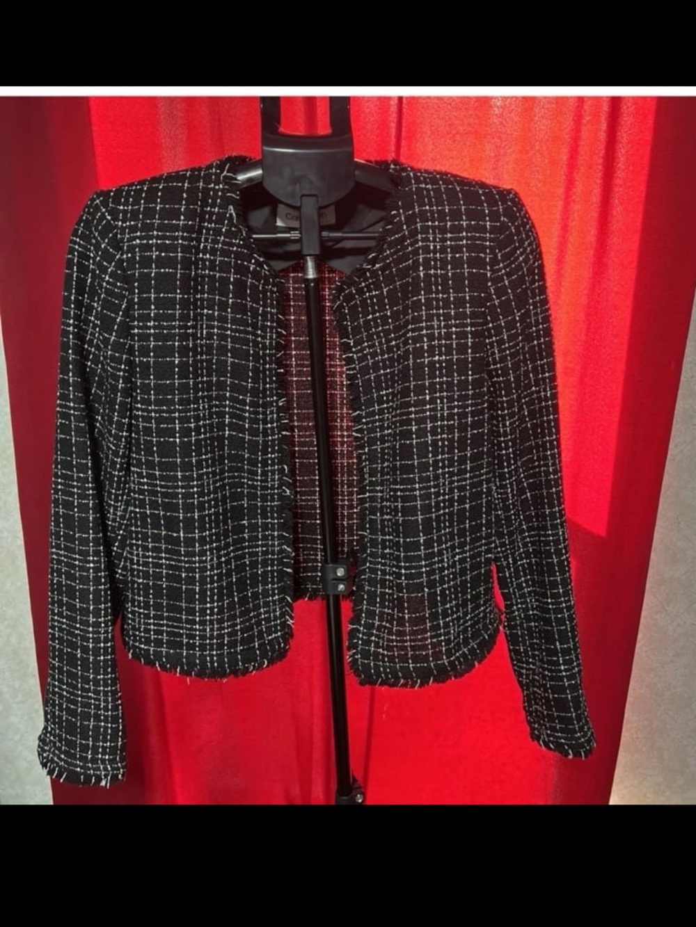 Calvin Klein Black and White Tweed Open-Front Cropped Jacket